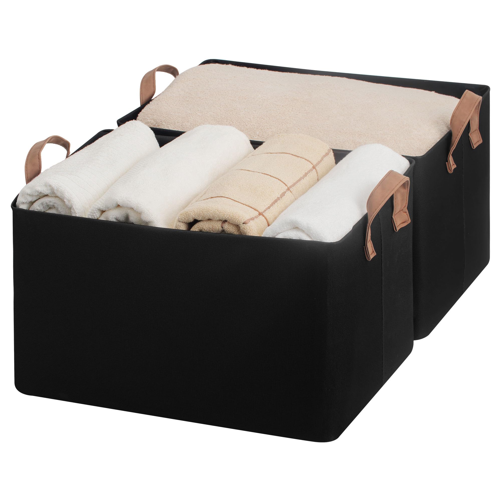StorageWorks Storage Baskets for Shelves, Foldable Storage Boxes with Handles, Long Storage Basket, Wardrobe Organiser Boxes, Fabric Storage Bins for Organiser Clothes, Jumbo, Black, 2-Pack