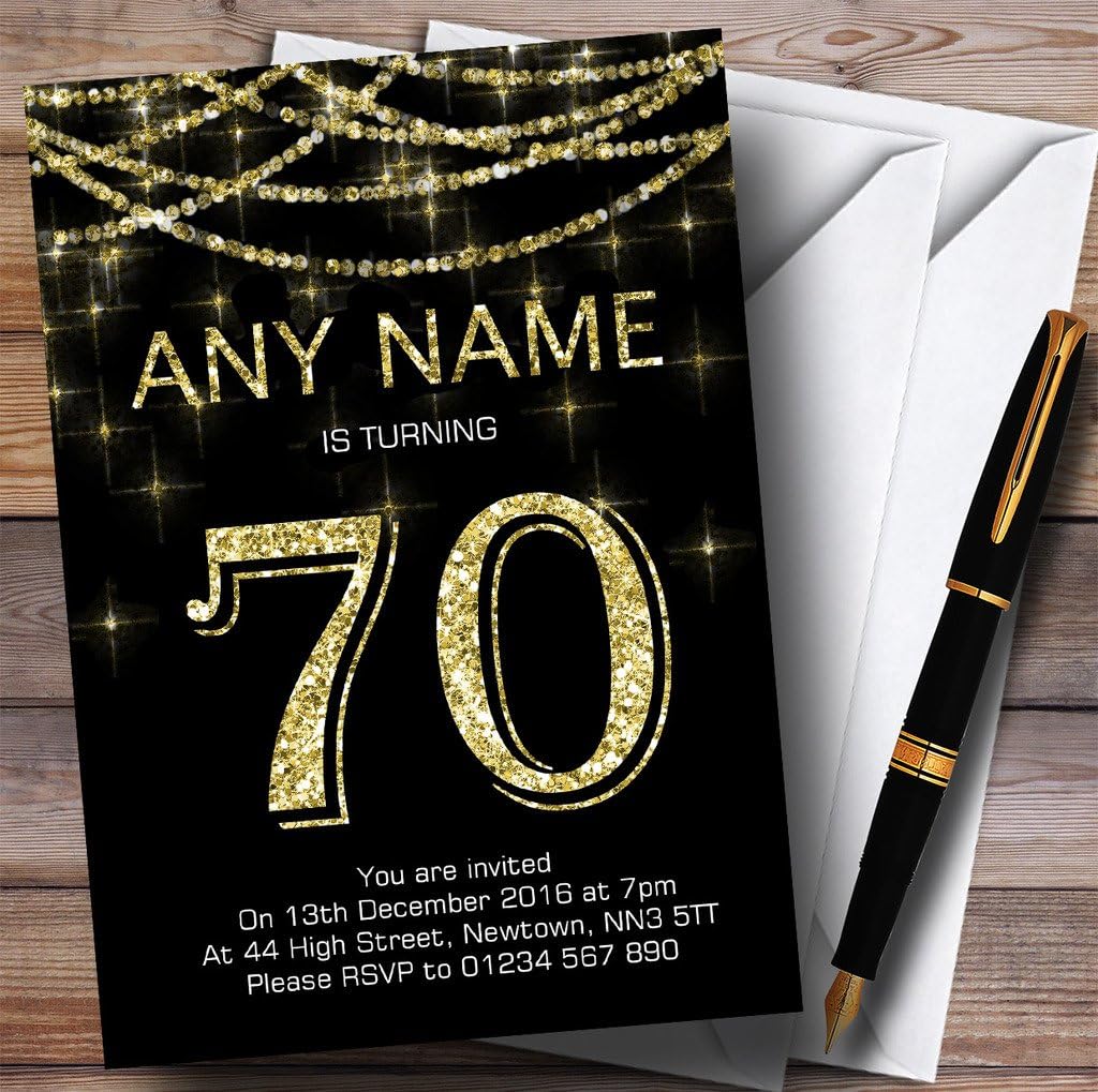 Black & Gold Sparkly Garland 70th Personalized Birthday Party Invitations