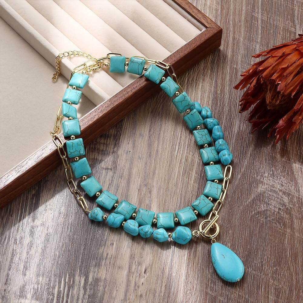 Chunky Turquoise Western Necklaces for Women Fashion Long Layered Square Beaded Statement Necklace Large Gold Collar Jewelry Boho Teardrop Accessories - Image 5