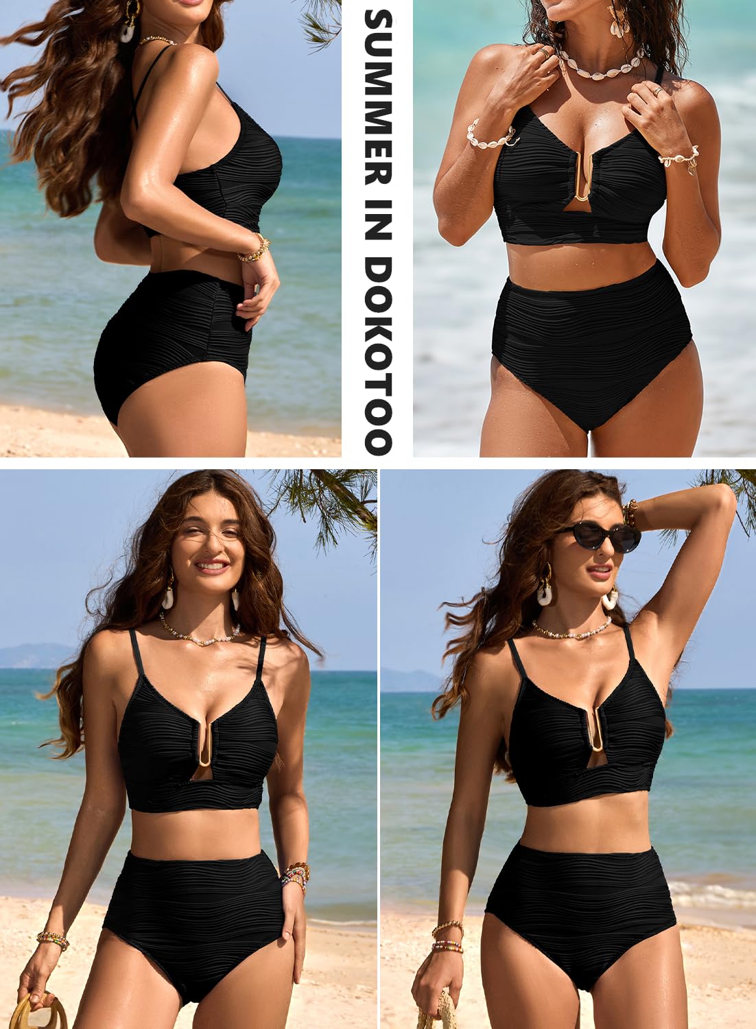 Dokotoo Bikini Damen Set Push Up Sexy U-Bügel Bikinis High Waist Bauchweg Wellen Textur Bademode Zweiteiliger Badeanzug S-XXL
