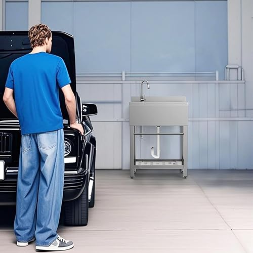 Miniatura 15 de Fregadero utilitario de pie individual fregadero de cocina con tubo de agua fría y caliente, fregadero de acero inoxidable para lavandería, baño