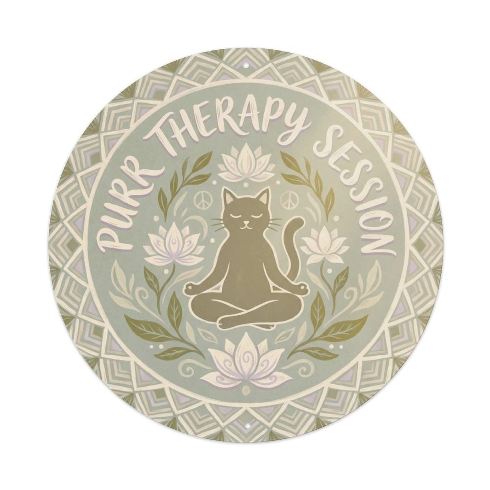 Vintage Purr Therapy Session Room Hanging Metal Tin Sign Plaque Wall Decor for Cafe, Club, Garden Round Metal Poster 8x8Inch