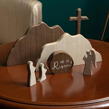 He is RisenEmpty Tomb Scene Spring Easter Decorations, Jesus Nativity Resurrection Figurines Set With Wooden Cross For Home, Office, Table, Shelf, Mantle Decor Christian Catholic Religious Gifts