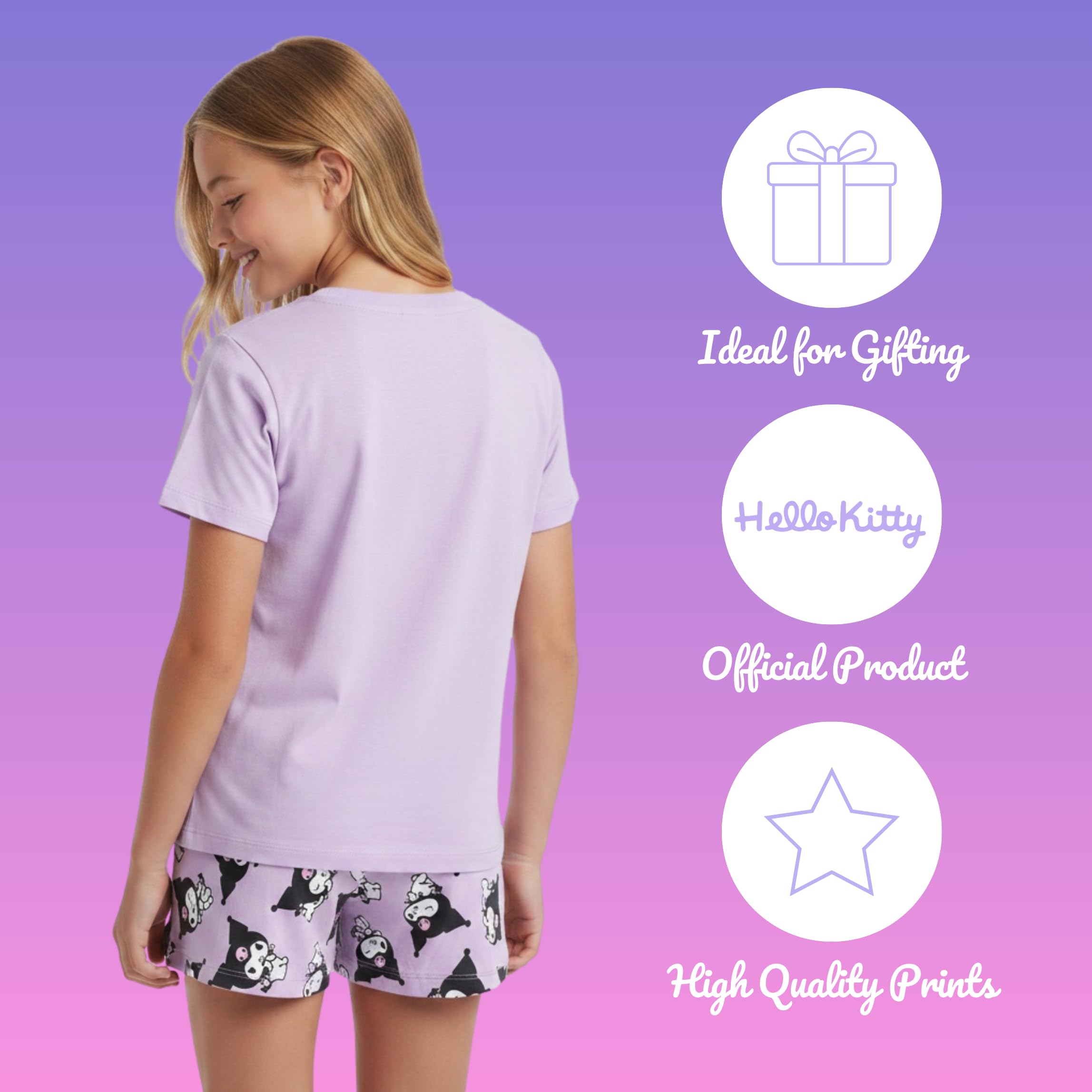 Hello Kitty Kuromi Camiseta y Pantalon para Niña, Pijama Conjunto 2 Piezas Camiseta Manga Corta y Pantalon Corto, Tallas 8 a 14 Años