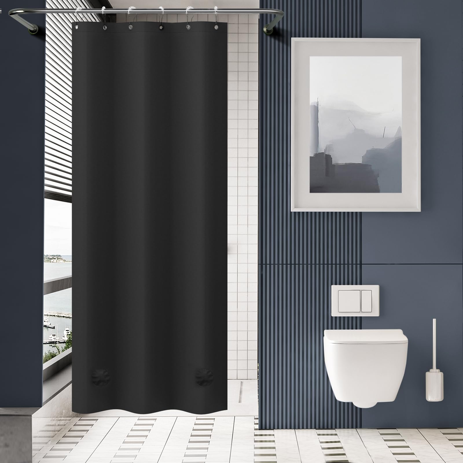 AmazerBath Stall Shower Curtain 36x72, Black Shower Curtain Plastic, Small Shower Curtain Liner Black Heavy Duty Thick PEVA, Walk in Shower Liner with 2 Weighted Stones and 6 Grommet Holes
