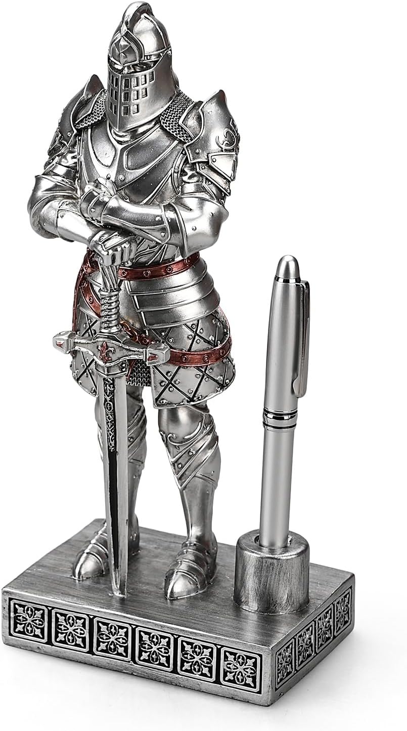 Knight Pen Stand Decoration Resin Pen Holder Art Craft Paperweight for Desktop Organizer Festival Gifts for Boyfriend Husband Dad Son(Silver)