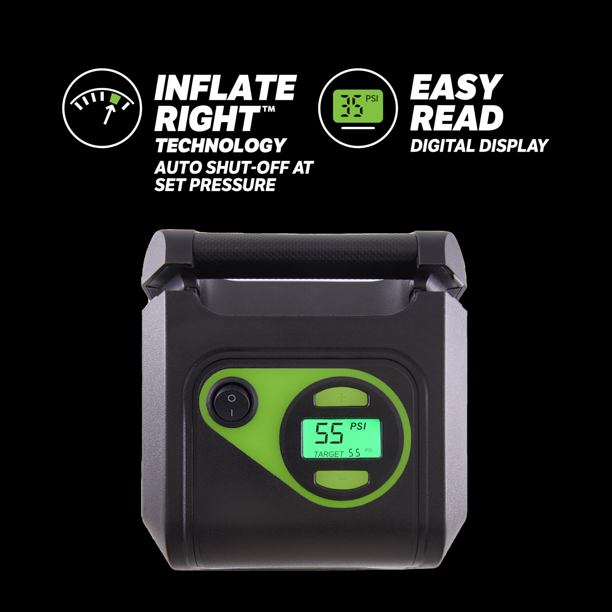 Slime 40052 Gonfiatore per pneumatici, presa portatile per auto e casa, SUV, compressore d'aria 4x4, spegnimento automatico a destra, con display digitale 99 psi, doppio cavo di archiviazione, 12 V,