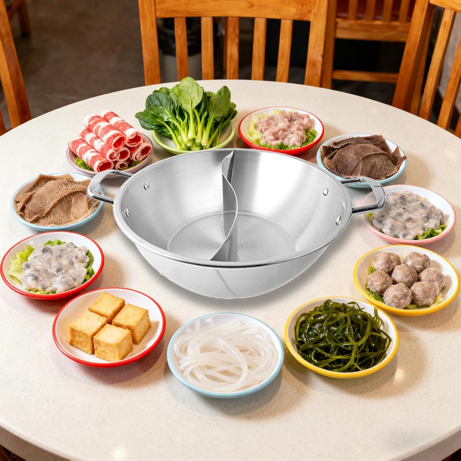 Yajuyi Stainless Steel Divided Hot Pot Versatile Fit Induction Cooktop Gas Soup Cookware Mandarin Duck Pot for Party Household, 42cm