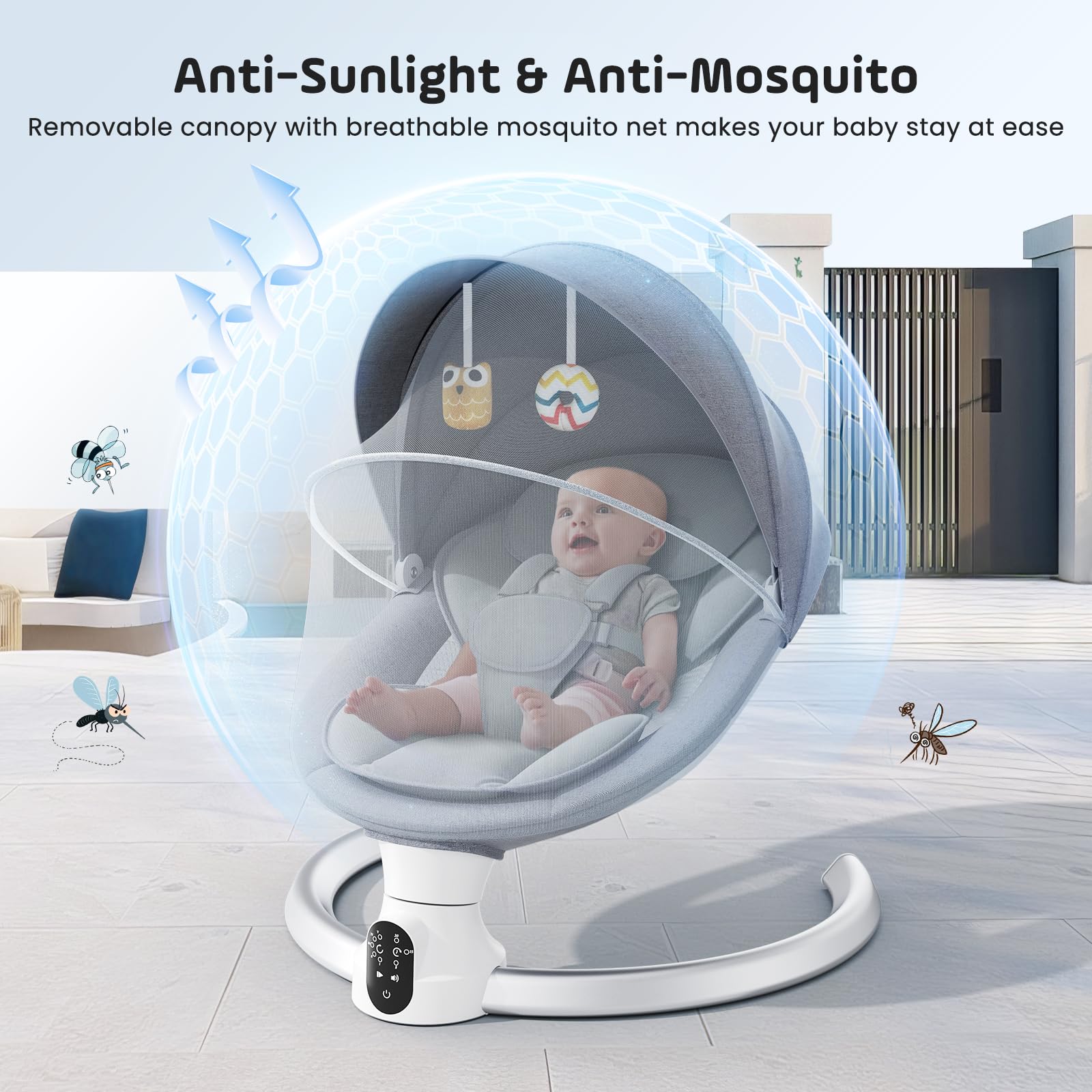 Altalena per neonati, dondolo elettrico per bambini con app e telecomando, imbracatura a 5 punti aggiornata, 10 musiche Bluetooth e 5 velocità, resiste a 9 kg
