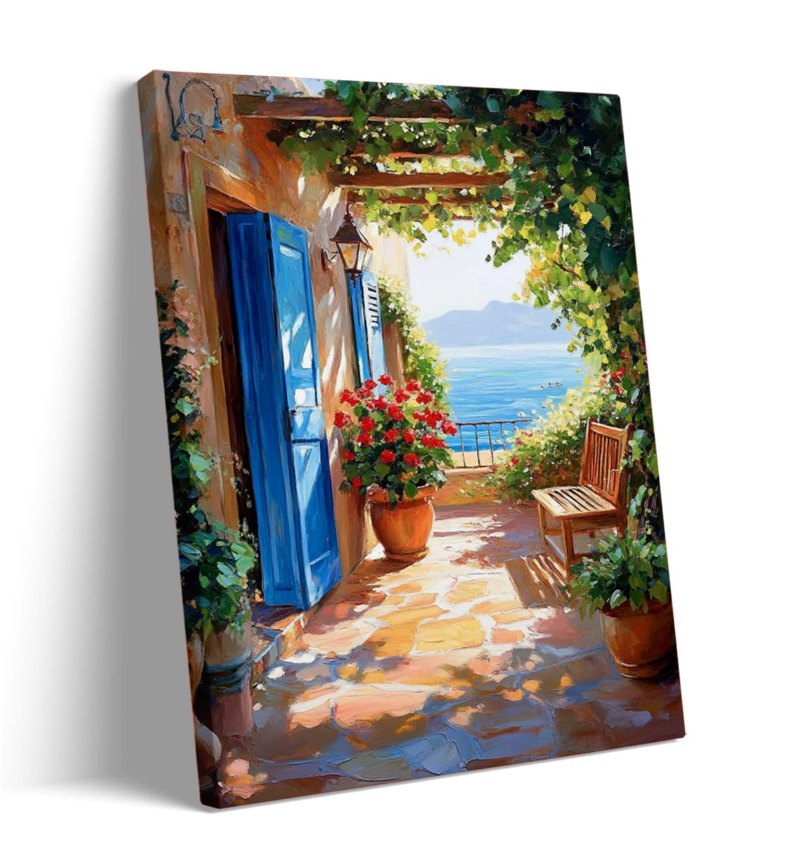Mediterranean Blue Door Terrace Wall Art, Coastal Garden Canvas Painting, Italian Seaside Patio Scene, Sunlit Floral Poster for Living Room or Bedroom 60x90cm Frame