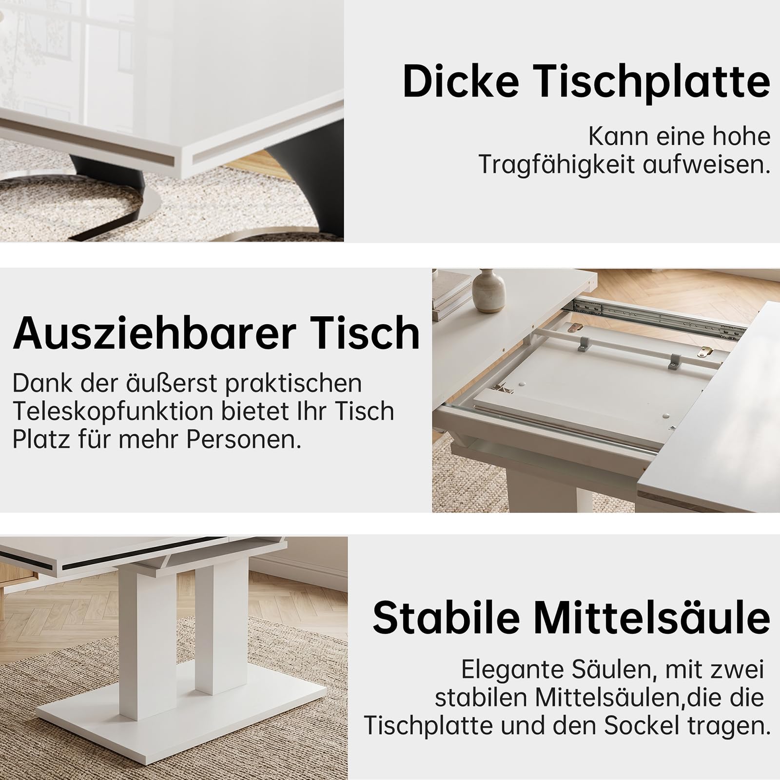 JIEXI Esstisch Ausziehbar, weißer MDF-Tisch 140-180cm für Küche, Esszimmer | Moderne Hochglanz-Tischplatte, stabiles Untergestell, Platz für 6-8 Personen, flexibel für Alltag, Gäste und kleine Räume