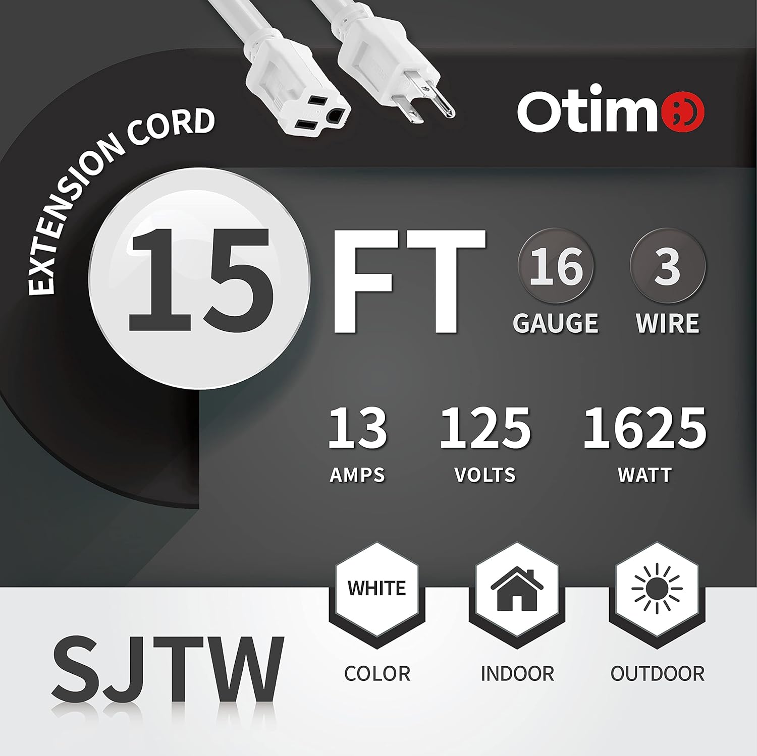 Otimo 15 Ft SJTW White, Indoor/Outdoor Extension Cord - 3 Prong Ground Plug, 13A 1625W, Water & Weather Resistant, Flame Retardant