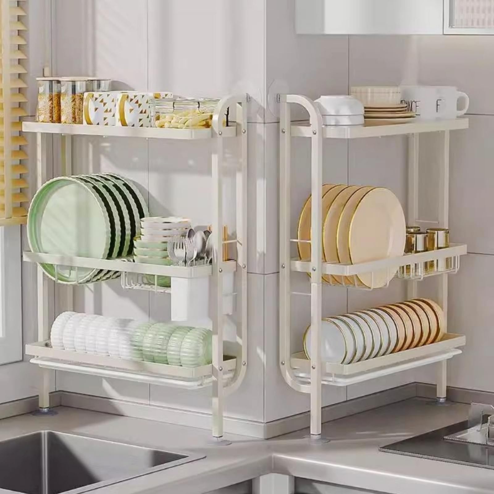Escurridor de platos de 3 niveles sobre el fregadero con bandeja de goteo y soporte para cubiertos, organizador de cocina que ahorra espacio para platos, cuencos y tazas, elegante diseño negro para