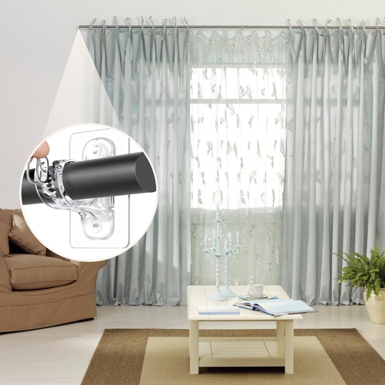 8 Pcs Clear Adhesive Curtain Rod Brackets, No Drill Mount for 0.8-1.7 Inches Rods, Holds Up to 15 Lbs, Easy Installation for Bathroom, Bedroom, Living Room