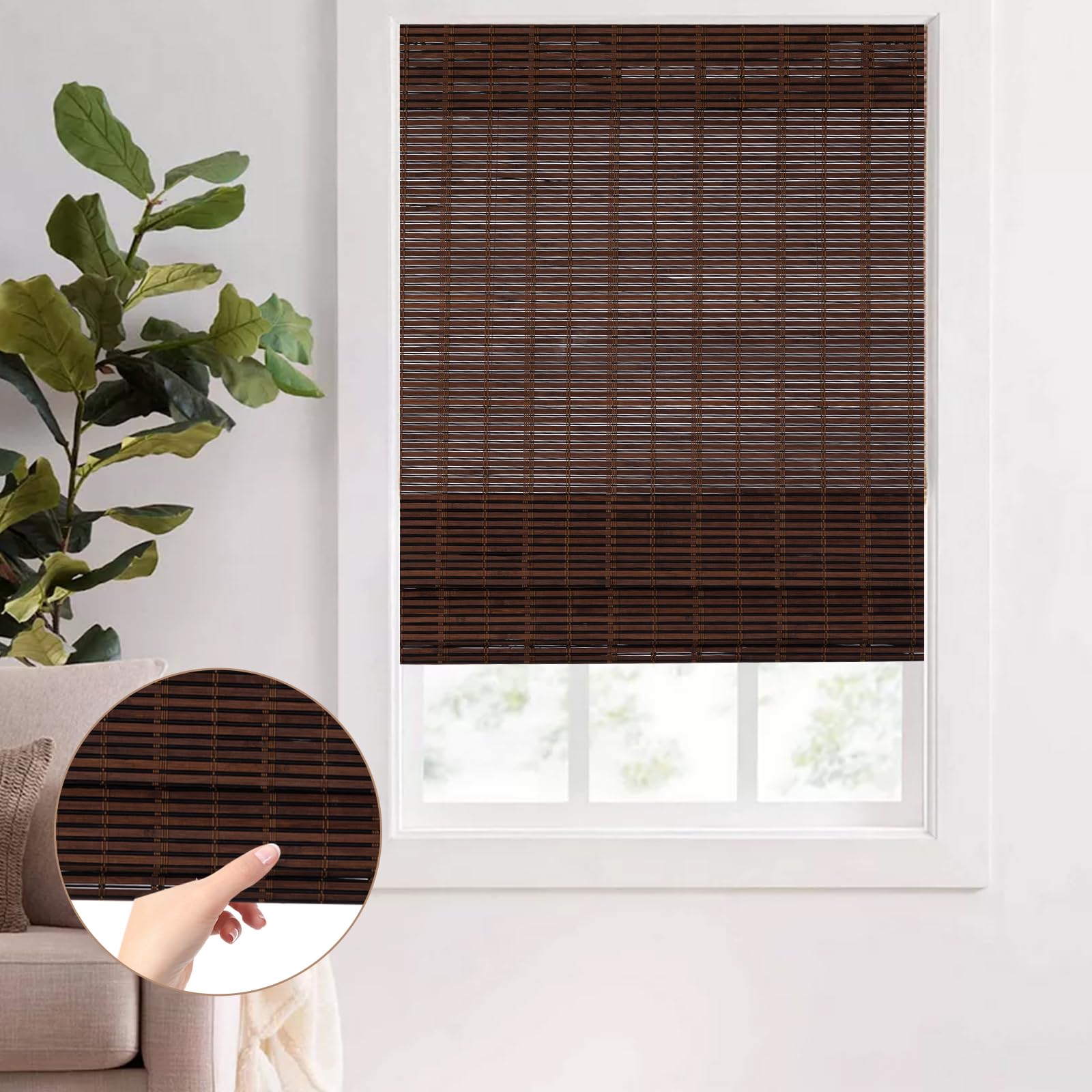 Cordless Bamboo Roman Shades, Roll Up Bamboo Window Shades for Interior Windows, Home and Garden, Light Filtering (72''W x 72''H)