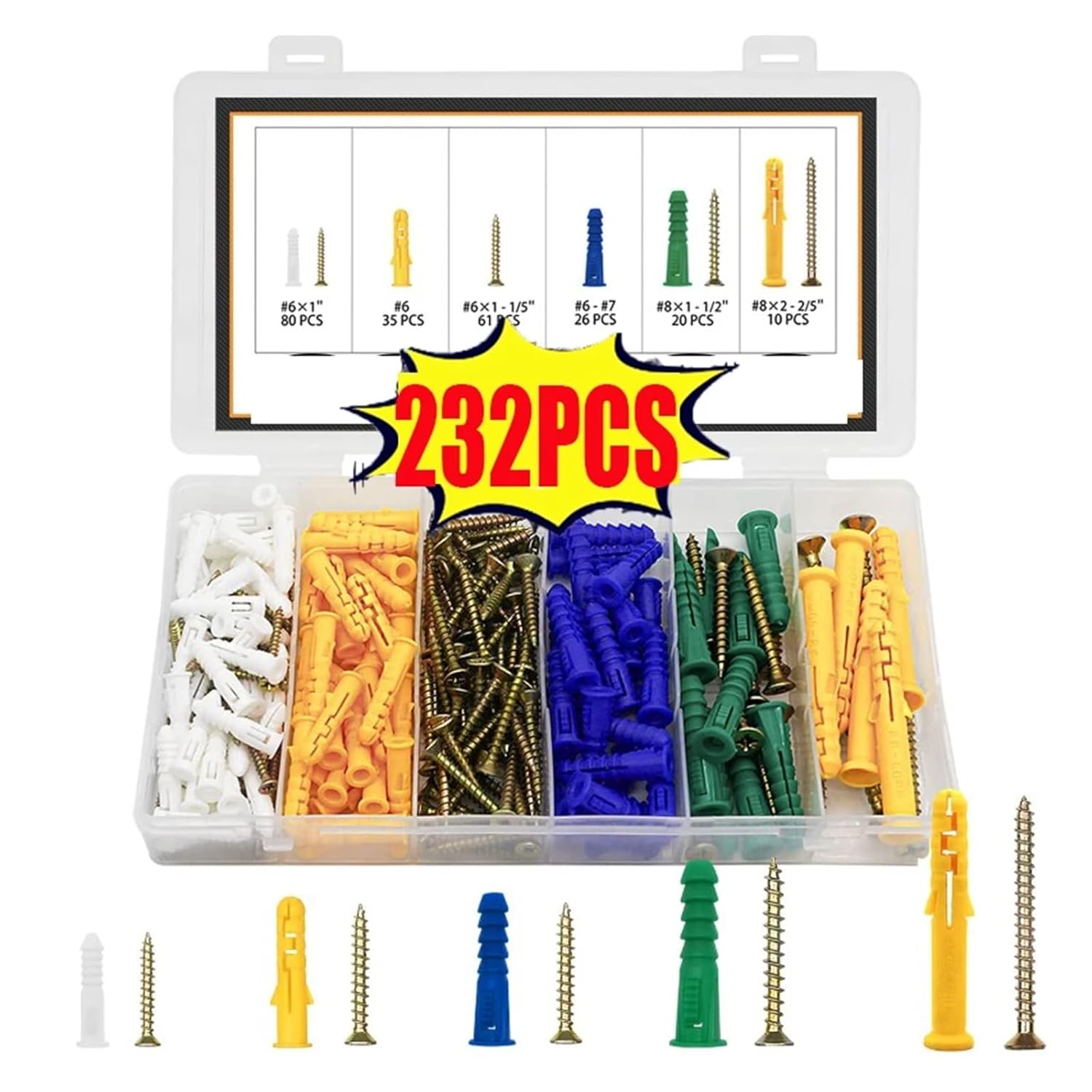 232PCS Plastic Self Drilling Ribbed Drywall and Wall Anchors with Screws Kit Wall Plug Anchor Expansion Bolt Pipe Column