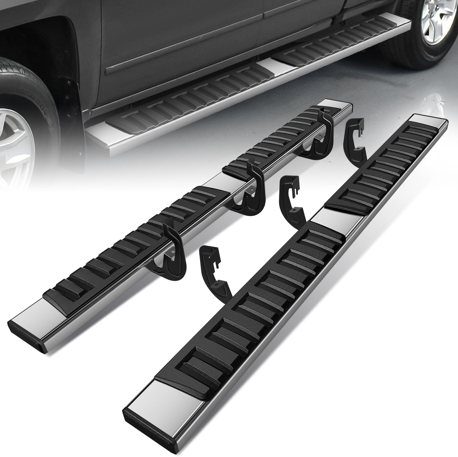 6.75 inch Running Boards Compatible with 2007-2019 Chevy Silverado GMC Sierra 1500 2500 HD 3500 HD Double Cab Extended Cab Side Step Bars Stainless Steel