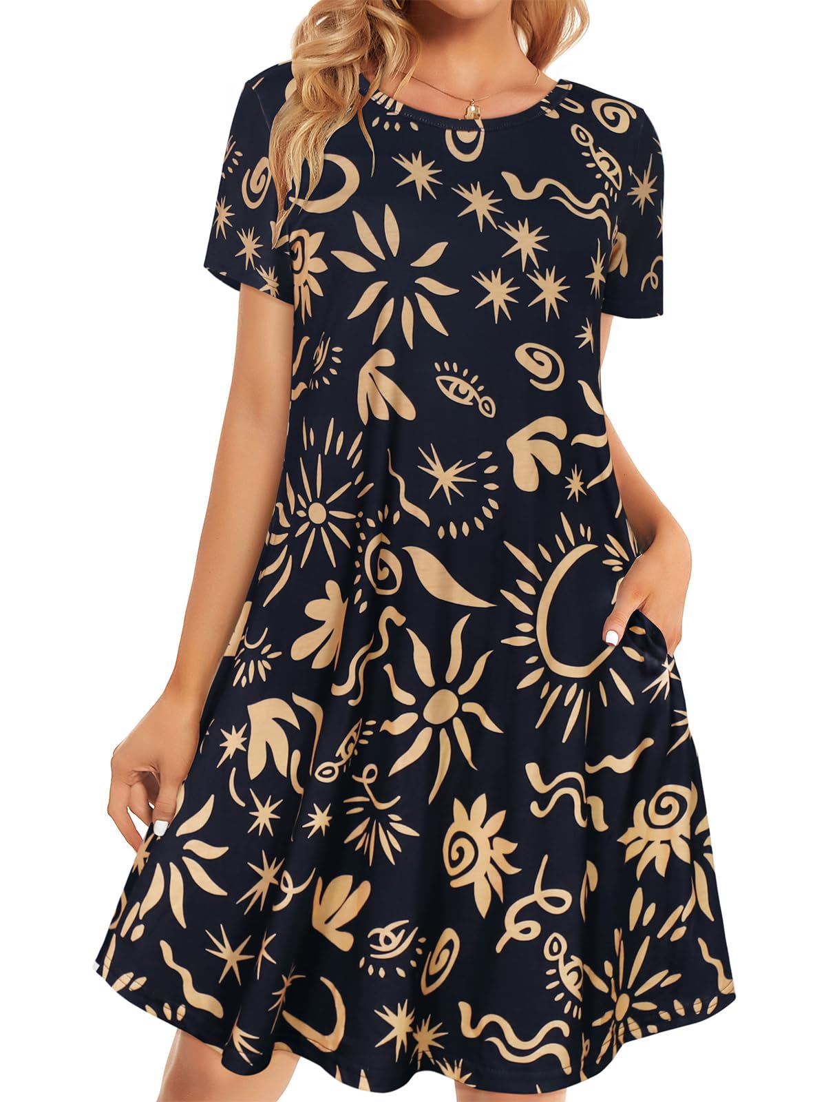 elescat Womens Summer Dresses Casual Loose Tshirt Floral Pockets Sundress | 2026 Boho Flowy Short Sleeve Dress, Two Hidden Pockets, Loose Beach Cover Up, Solid or Floral, Fashion Vacation Outfits