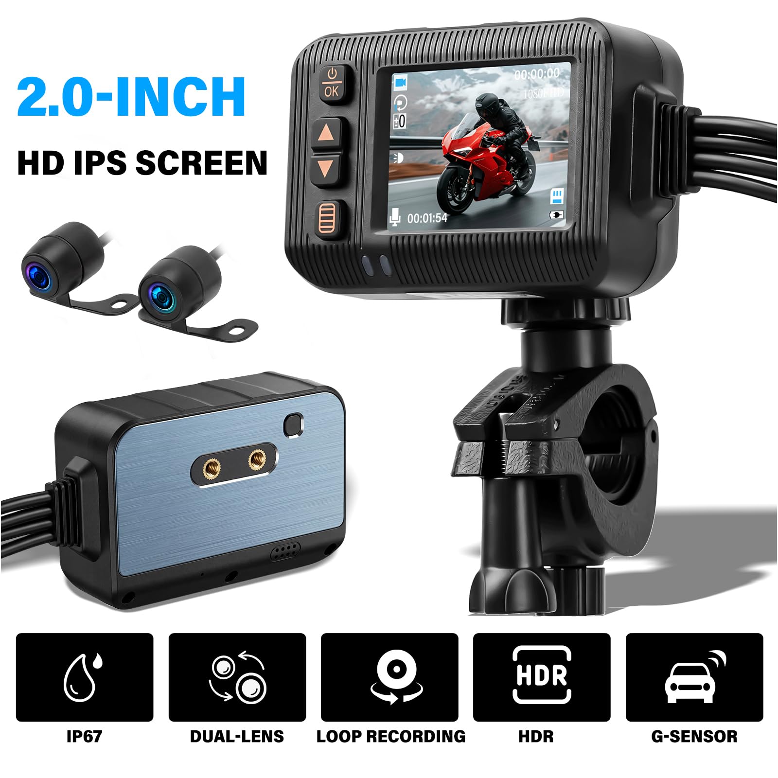 CAMECHO Motorrad Dashcam 2 Zoll Bildschirm, Kamera Doppellinse 1080P Vordere 120° und Hintere 720P 90°, IP67 Wasserdicht, Motorradkamera mit HDR, G-Sensor, Loop-Aufzeichnung