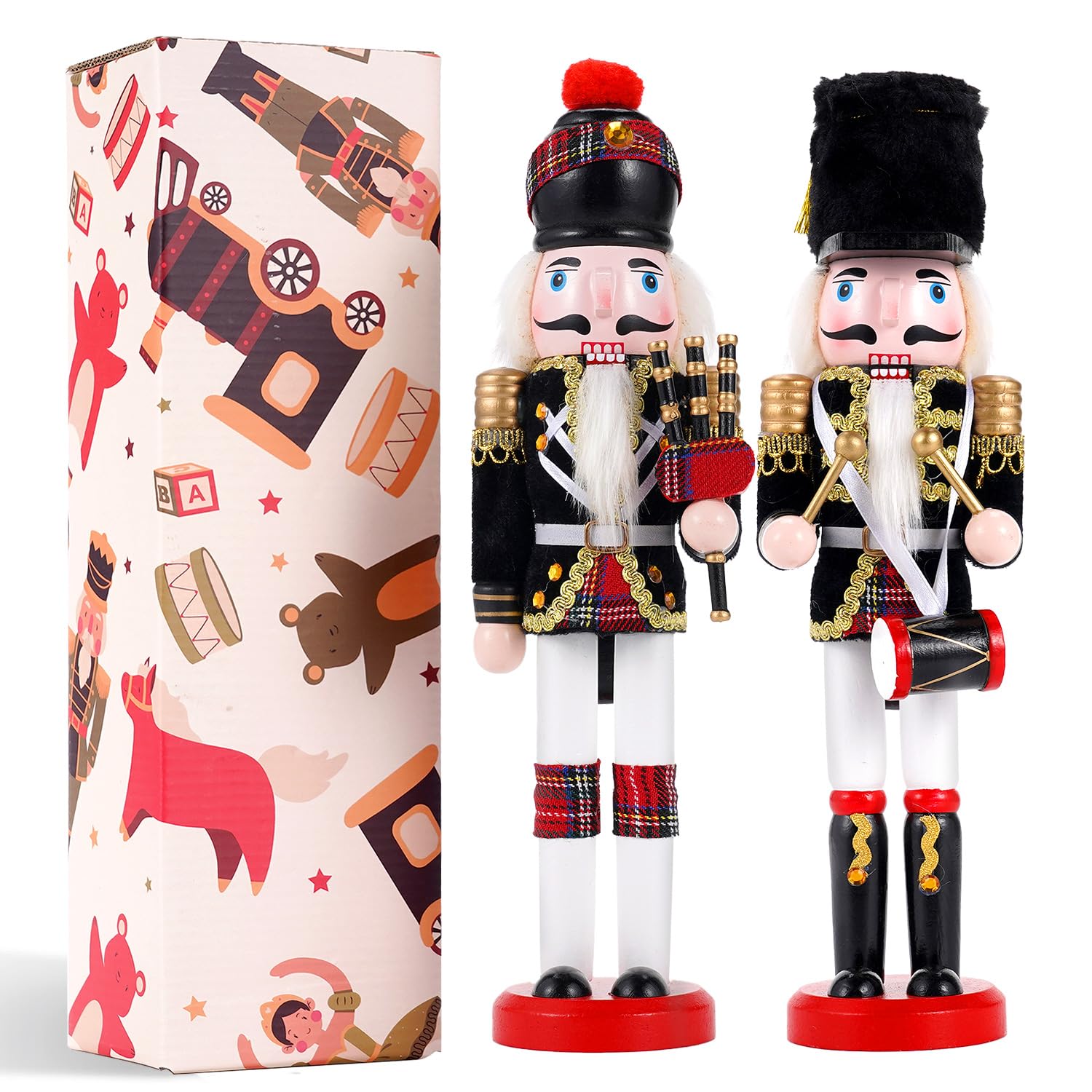 COMBIUBIU 2Pcs Wooden Christmas Decorations Nutcracker, 30CM Traditional Painted Nutcracker Figures,Festive Collectible Christmas Ornament Gift for Family Friends (Bagpipes & Drum)
