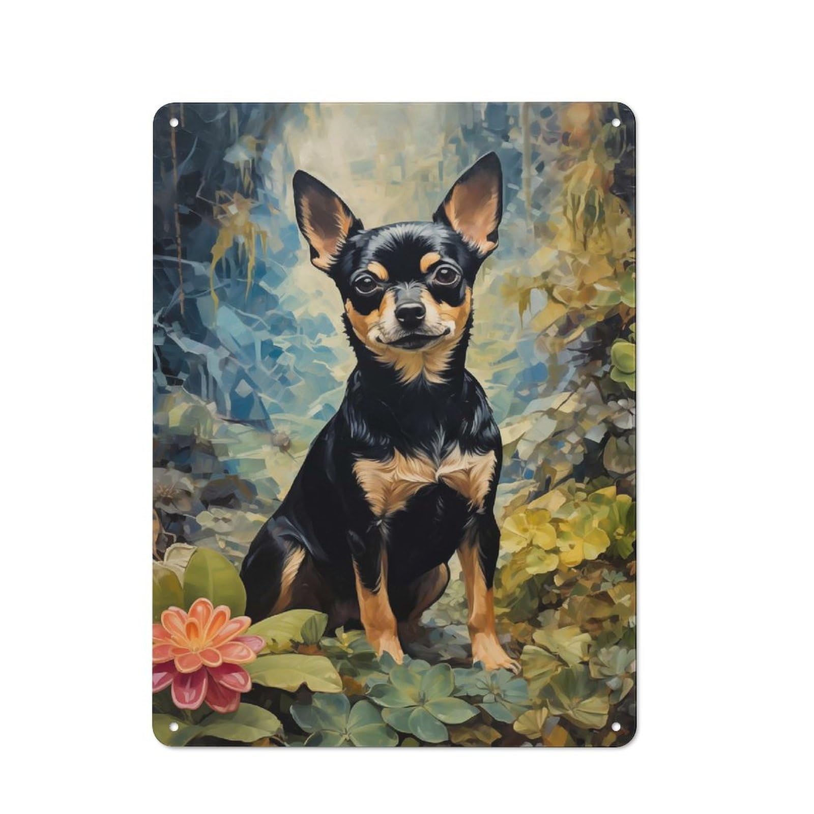 Junmoney Style-3 Industrial Chihuahua Portrait In Floral Setting Tin Sign 40X30cm, Garage Wall Decor For Garage, Hobby Room, Office Or Man Cave