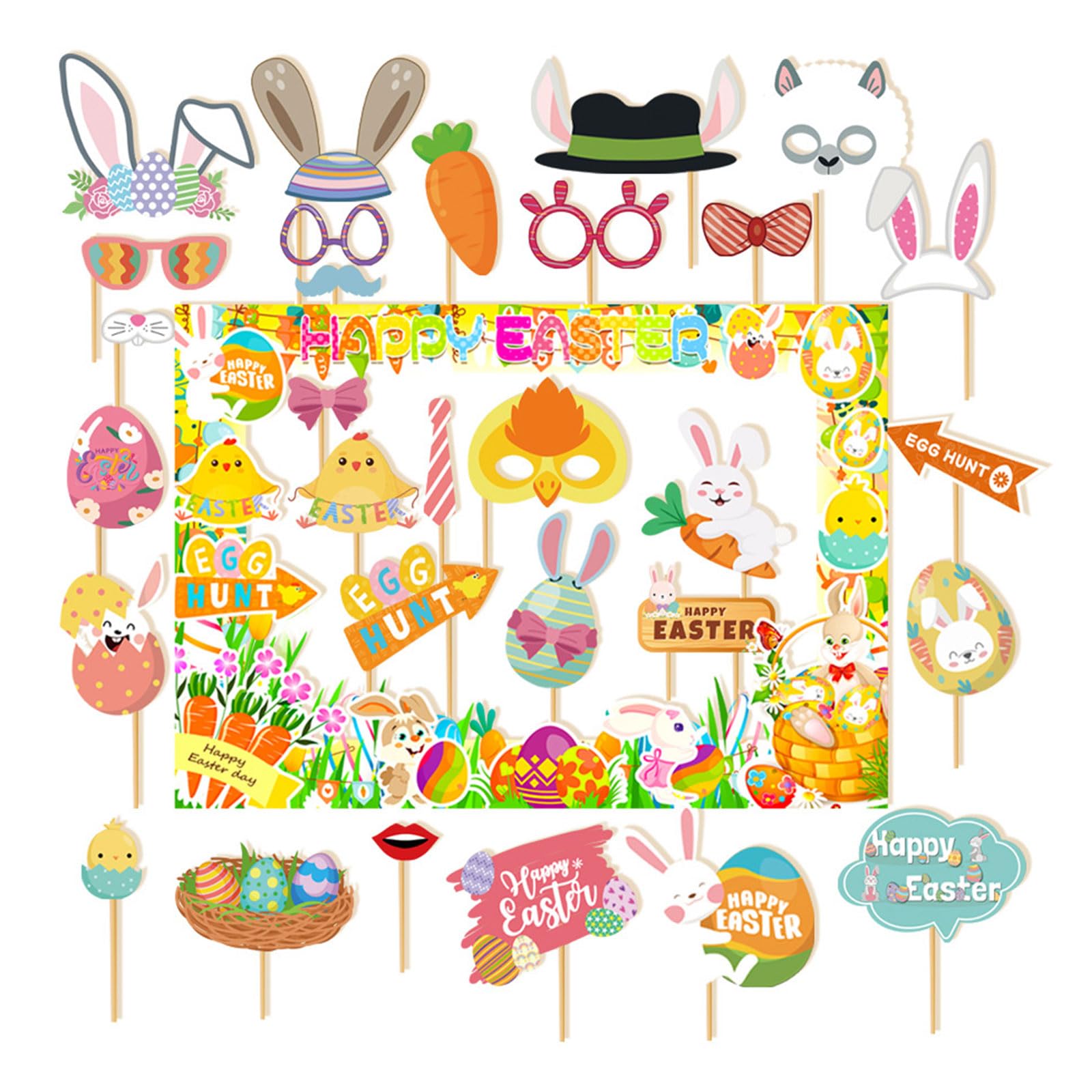 Tsophreniq Colorful Eggs Bunnies Selfie Picture Frame with 30Pcs Photography Props for Adult Kid Home Gatherings Party Decoration Colorful Decorations