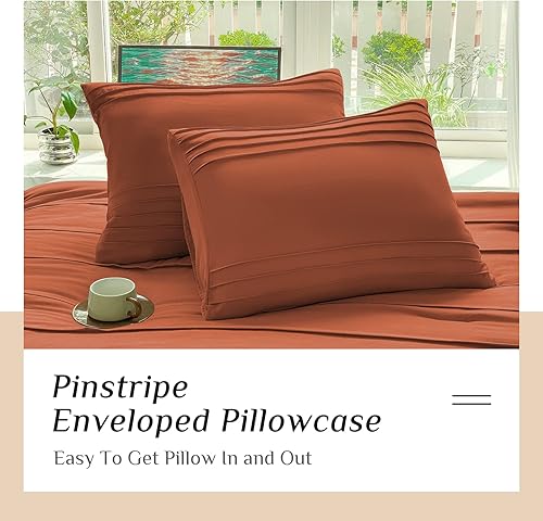 Miniatura 5 de Argstar Juego de edredón de 3 piezas color naranja quemado tamaño California King, edredón plisado con textura bohemia, edredones suaves de