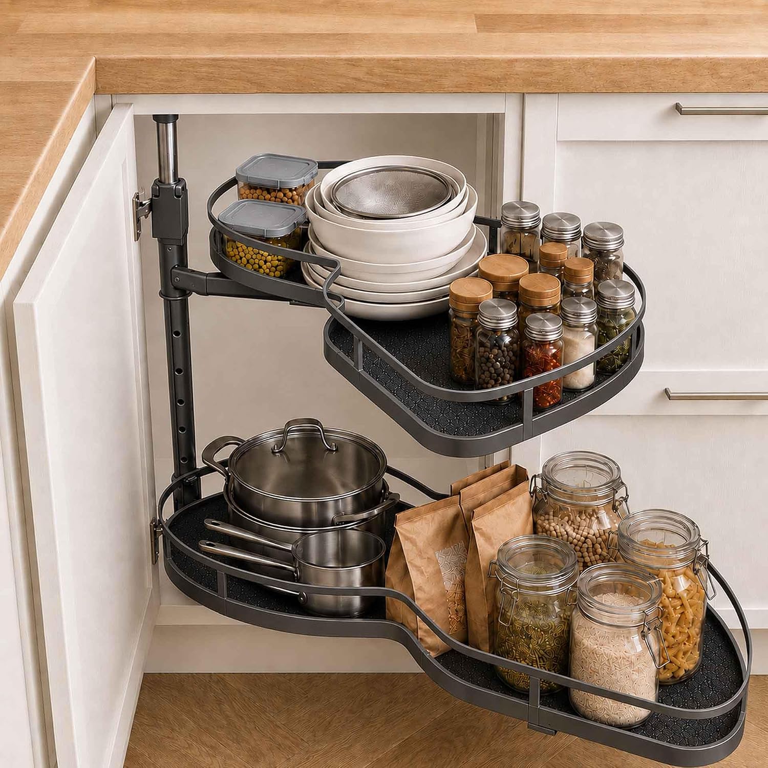 Blind Corner Cabinet Pull Out Organizer,Height-Adjustable 2-Tier Shelves