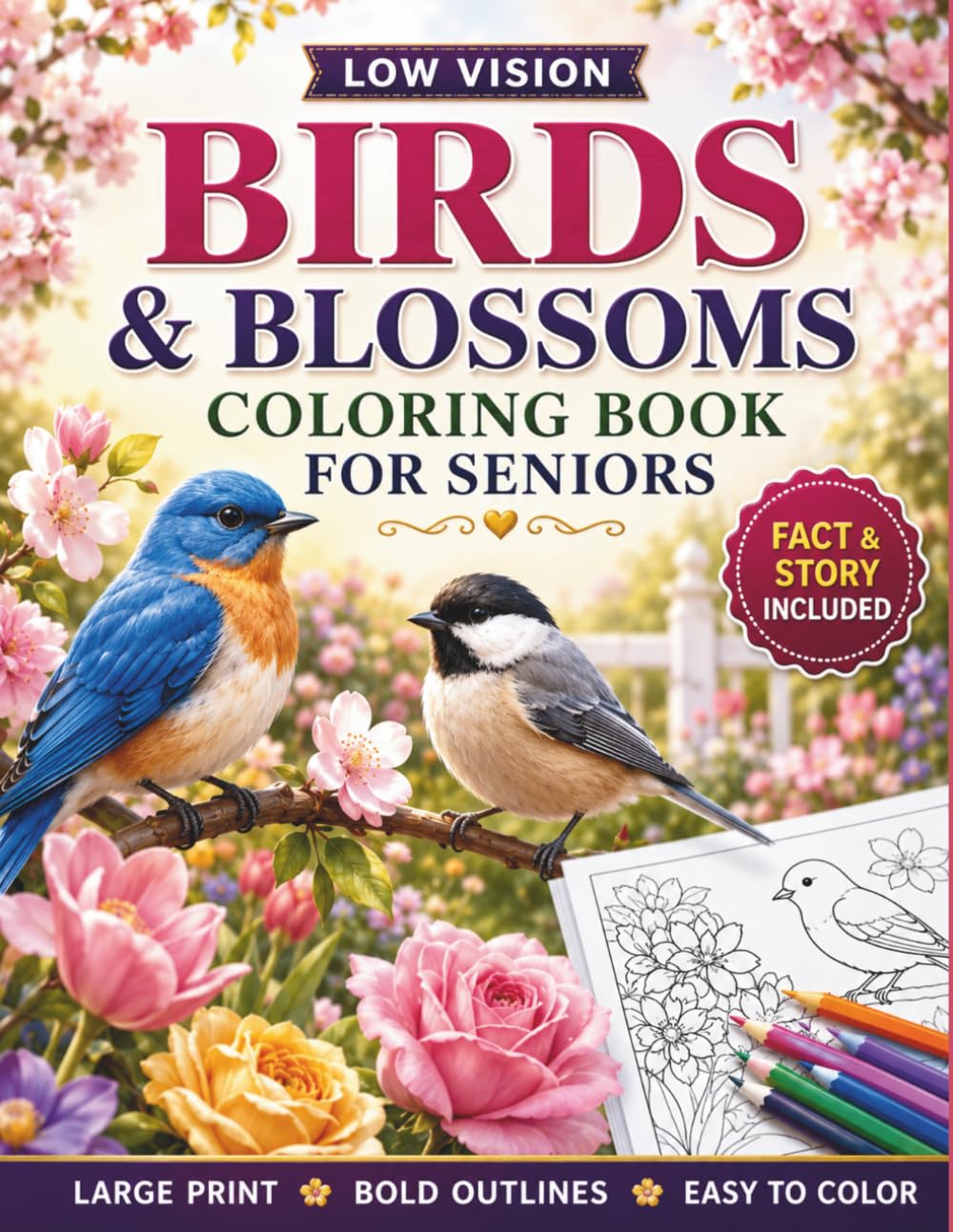 Low Vision Birds and Blossoms Coloring Book for Seniors: 50 Large Print, High Contrast Bird and Floral Designs with Bold Lines and Easy Details for Relaxation, Stress Relief, and Joyful Coloring
