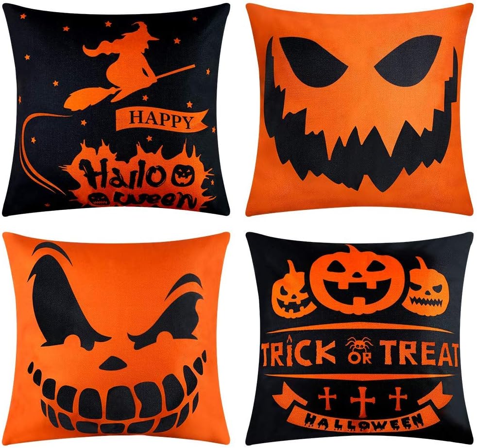 JIASU Halloween Pillow Covers, 4PCS Trick or Treat Halloween Throw Pillow Cases