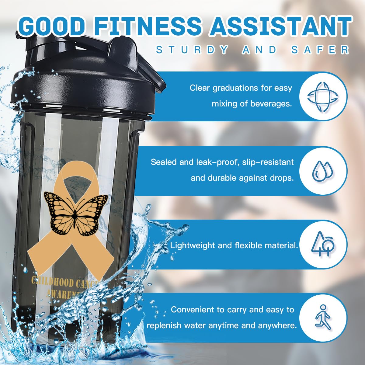 Childhood Cancer Awareness 18 Ounce Shaker Bottle Drink Mixer Leak-proof Pre Workout Protein Shakes Meal Replacement Shakes Bottles 500ML/18 Oz Black-1-2