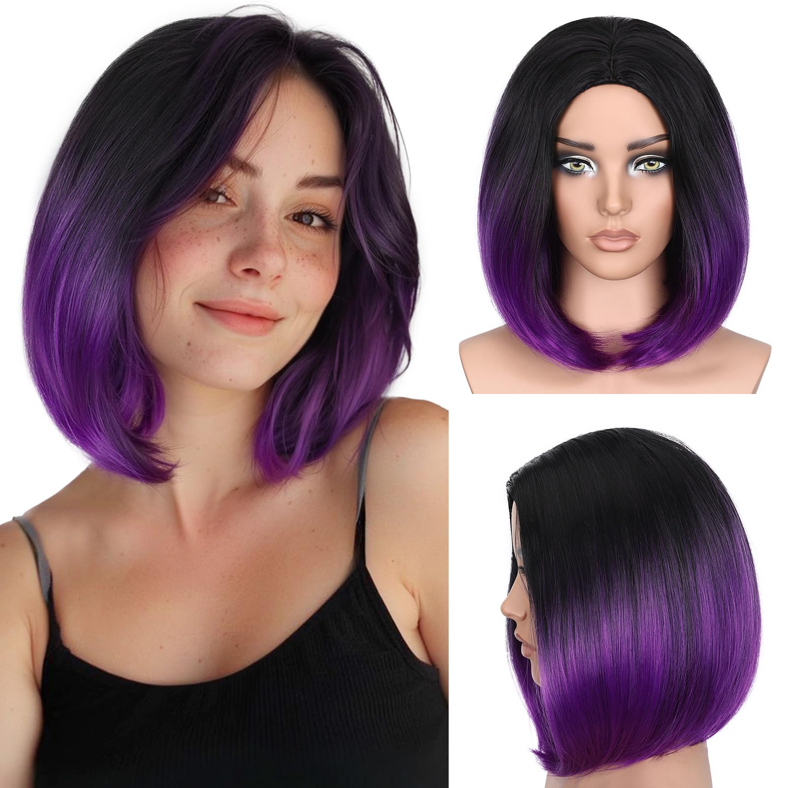 HANNE Ombre Purple Bob Wig Short Straight Bob Wig Heat Resistant Synthetic Hair Wigs for Women (Black to Purple)