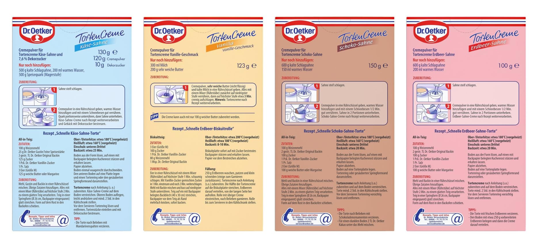 Dr. Oetker Tortencreme 12er Probier-Set, 3x Käse-Sahne Tortencreme mit Dekorzucker, 3x Erdbeer-Sahne Tortencreme, 3x Schoko-Sahne Tortencreme, 3x Tortencreme Vanilla