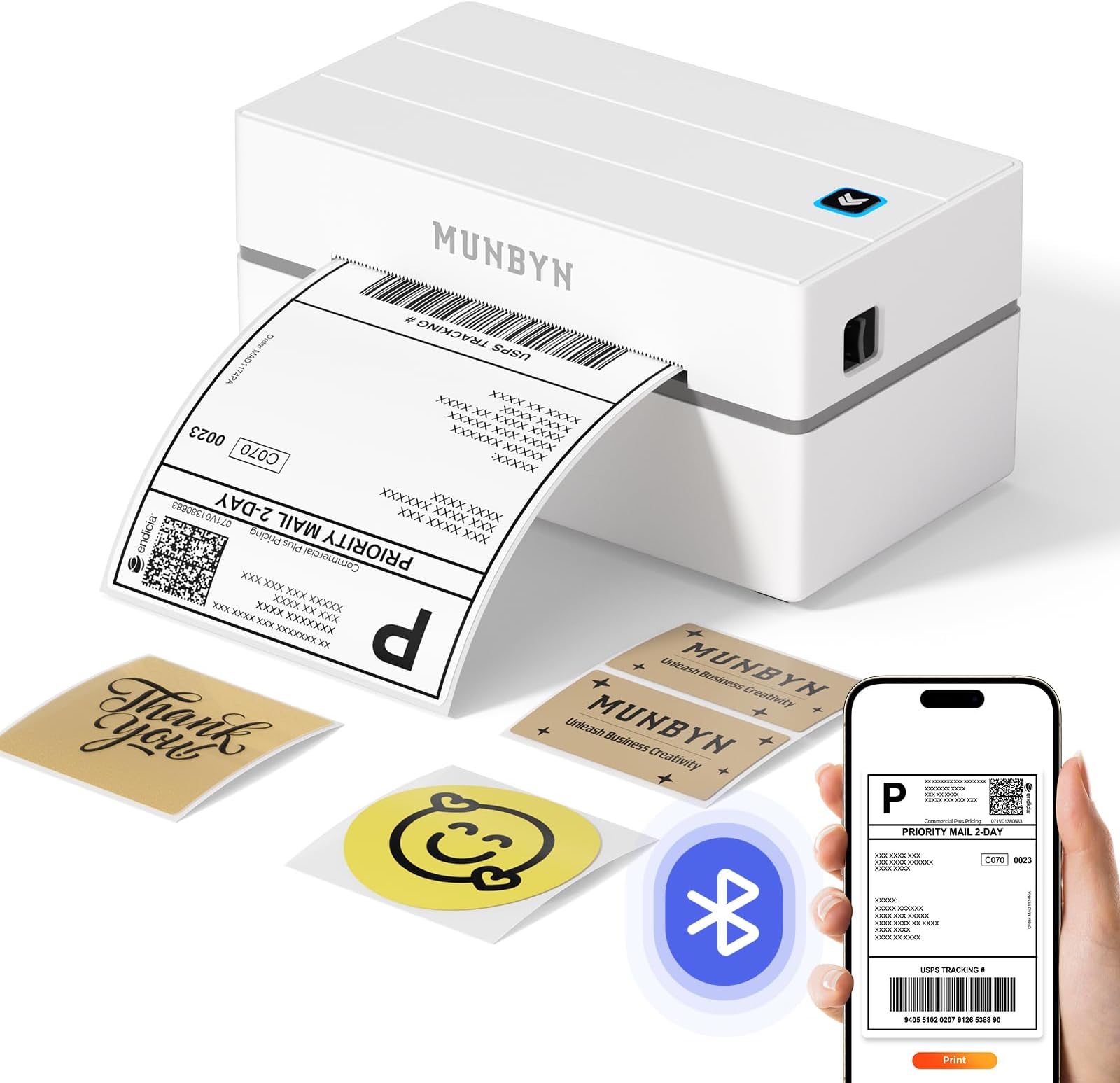 MUNBYN Shipping Label Printer Bluetooth Connection, Thermal Label Printer 4x6, Postage Sticker Machine for Business, Compatible with Etsy, Shopify, eBay, Amazon, Royal Mail, DHL, DPD, 130B, White