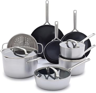 GreenPan GP5 Vista 5-Ply Stainless Steel 12 Piece Cookware Pots & Pans Set, Healthy Ceramic Nonstick PFAS-Free, Induction, Frying Pans, Saute, Saucepans, Stock Pot, Glass Lids, Dishwasher & Oven Safe