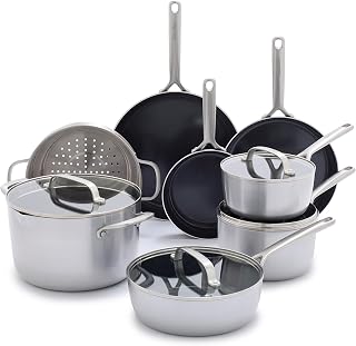 GreenPan GP5 Vista 5-Ply Stainless Steel 12 Piece Cookware Pots & Pans Set, Healthy Ceramic Nonstick PFAS-Free, Induction, Frying Pans, Sauté, Saucepans, Stock Pot, Glass Lids, Dishwasher & Oven Safe