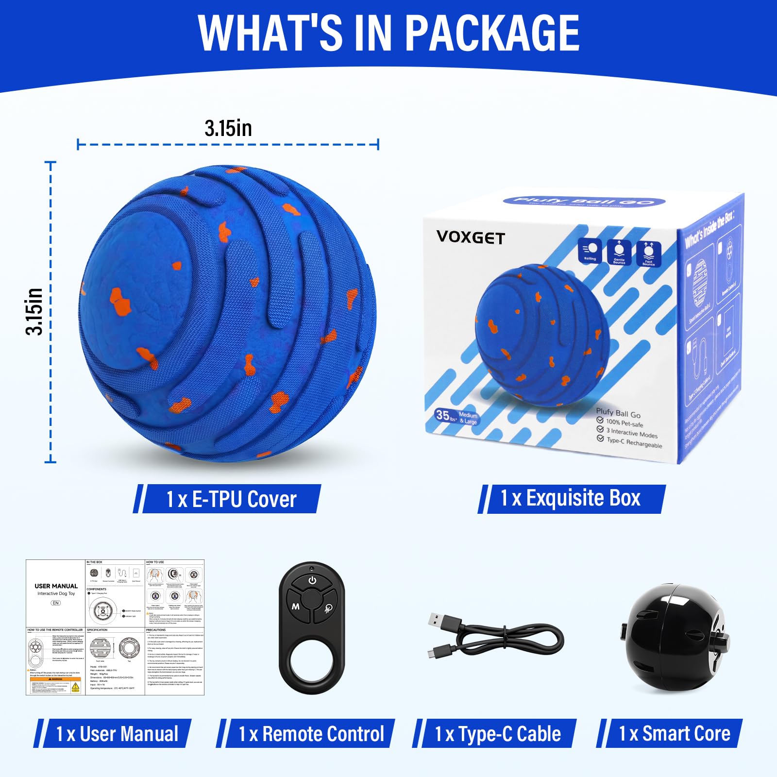 Balle interactive intelligente pour chien, mise à niveau automatique, 3 modes, balle mobile avec télécommande pour chiens de taille moyenne et grande, rechargeable et étanche, jouet E-TPU
