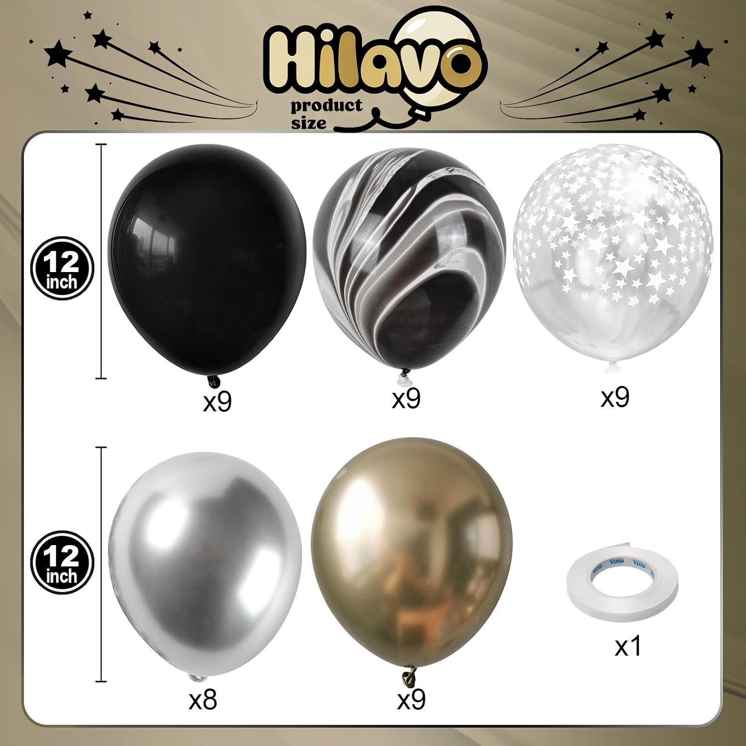 Black Gold Silver Balloon Set, 12 Inch Marble Black and Metallic Chrome Gold Silver with Clear Star Print Grad Latex Balloons for Boy Girls Birthday Party Graduation Retirement Baby Shower Decorations image 2