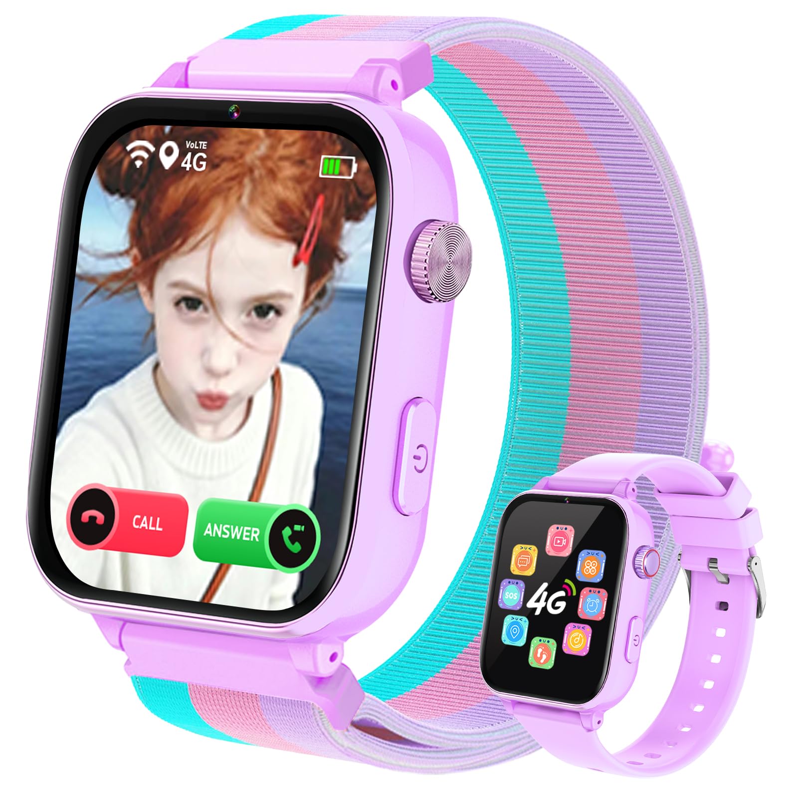 PTHTECHUS Reloj Inteligente Niño, Smartwatch Niños con GPS y Llamadas 4G, Telefono, SOS, Chat de Voz, Videollamada, Modo Clase, Reloj Infantil Niño Niña de 4 a 12 Años Regalos Navidad (Lila-S1)