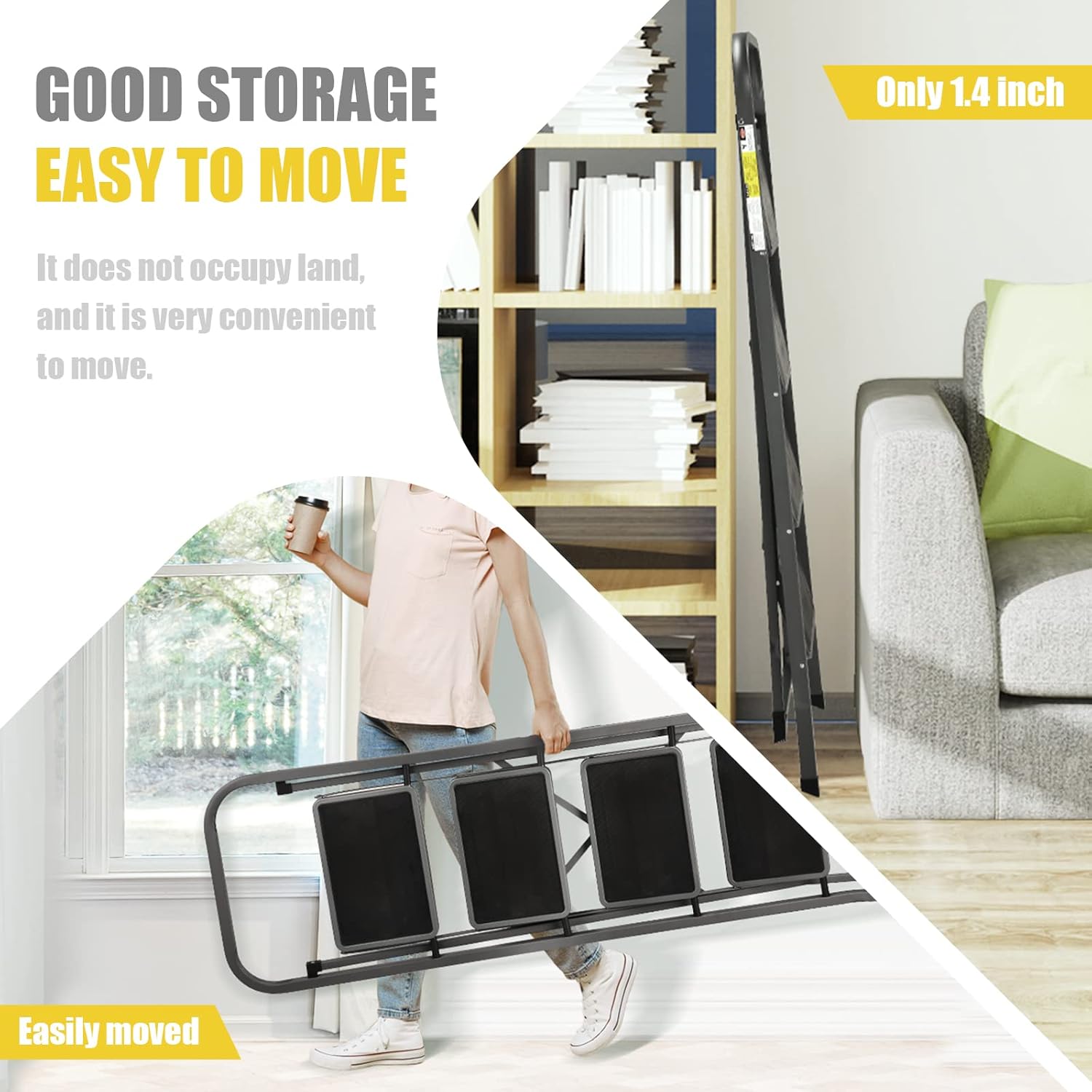 Soctone Step Ladder 4 Step Folding with Anti-Slip Pedal, Lightweight 4 Step Ladder with Handrails, 330 lbs Capacity Perfect for Kitchen & Household, Grey - Image 4