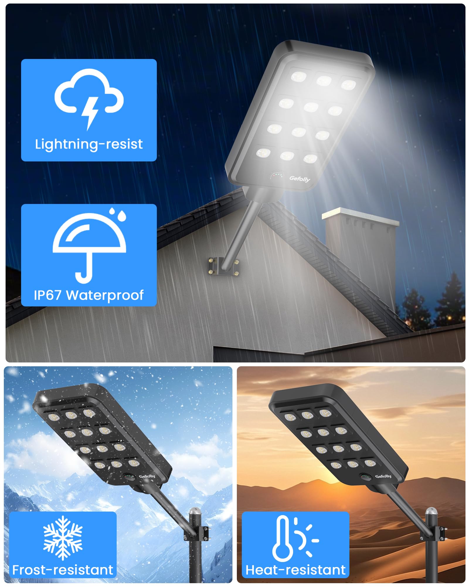 Gefolly G-13000W Solar Straßenlaterne für Außen, Solarlampen 6500K IP67 mit Bewegungssensor, Solarleuchten Superhelles LED Solar Strahler Außen für Garten, Hof, Garage, Haustüren