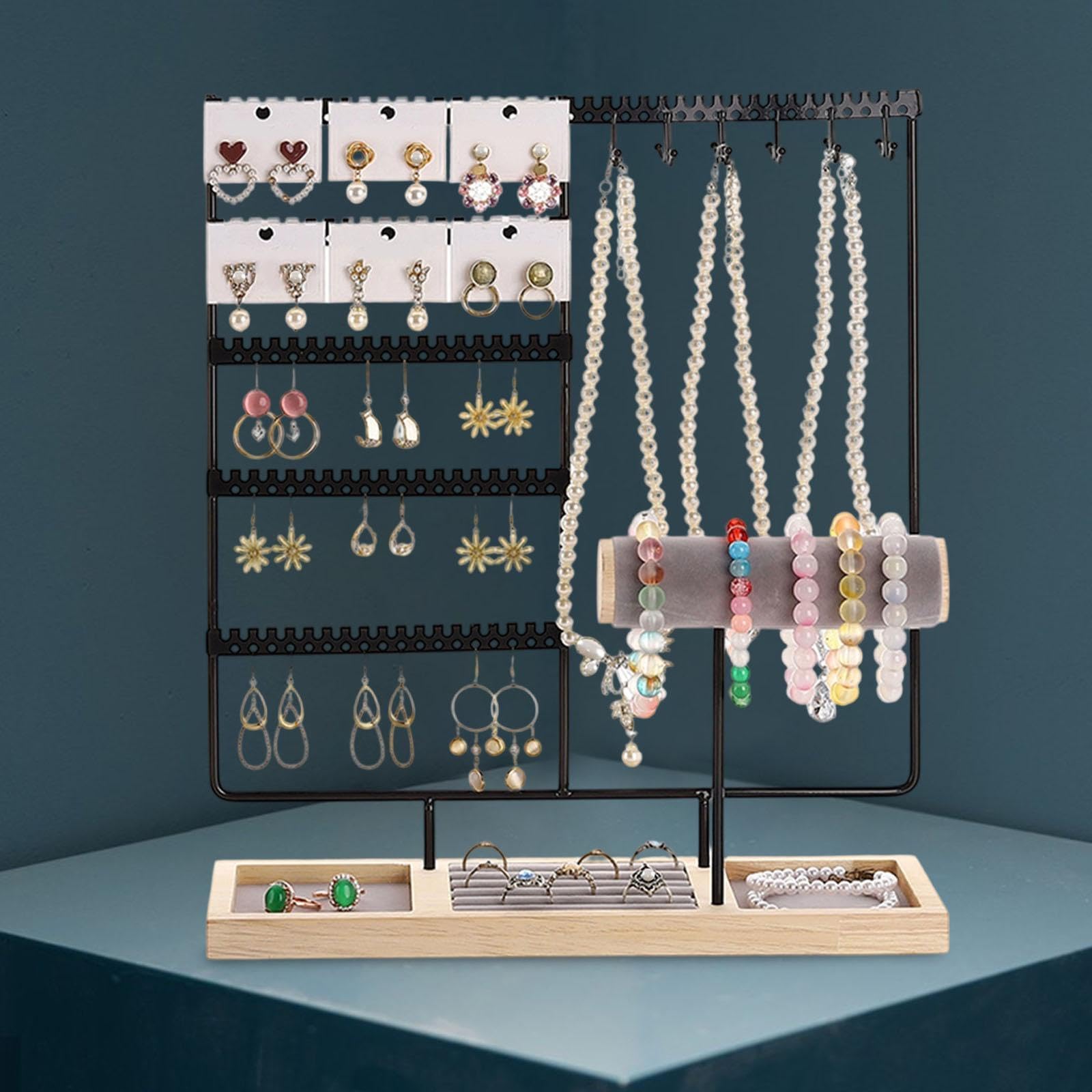Espositore per Gioielli Multistrato per Bracciali E Anelli, con Vassoio in Legno, Porta Orecchini, per Ufficio, Camera da Letto, Nero