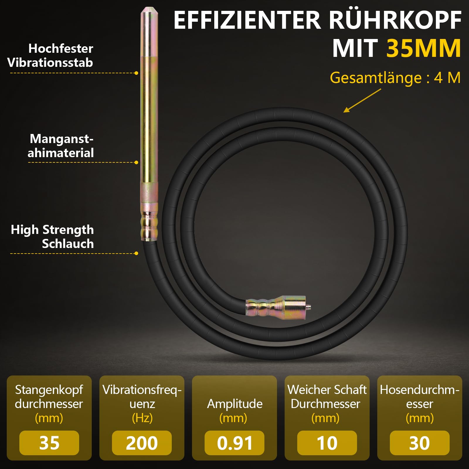 3200W Betonrüttler mit 4m SCHLAUCHLÄNGE, 35 mm Flaschenrüttler | 6800 U/min Elektrisch Betonverdichter mit BetonStoßfester Rahmen, Beton Rüttelflasche für Fundamente, Säulen und Bodenplatten
