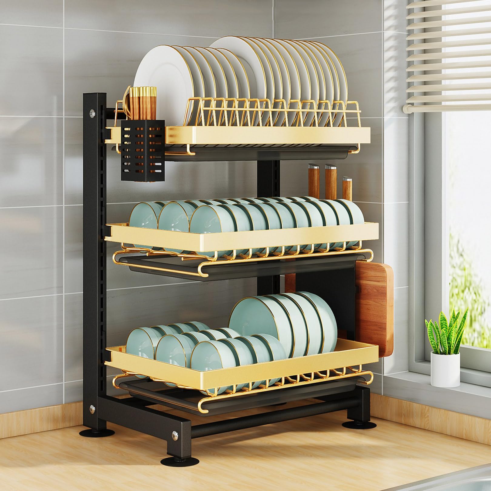 FLYIODFCXV drain rack, Dish Drainer with Drip Tray Cup Holder, Rack with Utensil(Black Gold)
