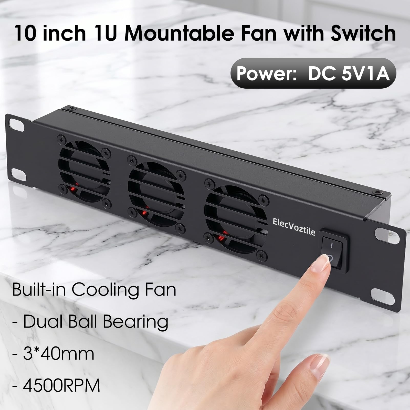25,4 cm (10 Zoll) 1U Rack-Montage-Lüfterpanel mit Schalter, Metallgehäuse | 5-V-Adapter im Lieferumfang enthalten, 3-Lüfter, Abluftkühlung, passend für 25,4 cm Mini-Server-Rack