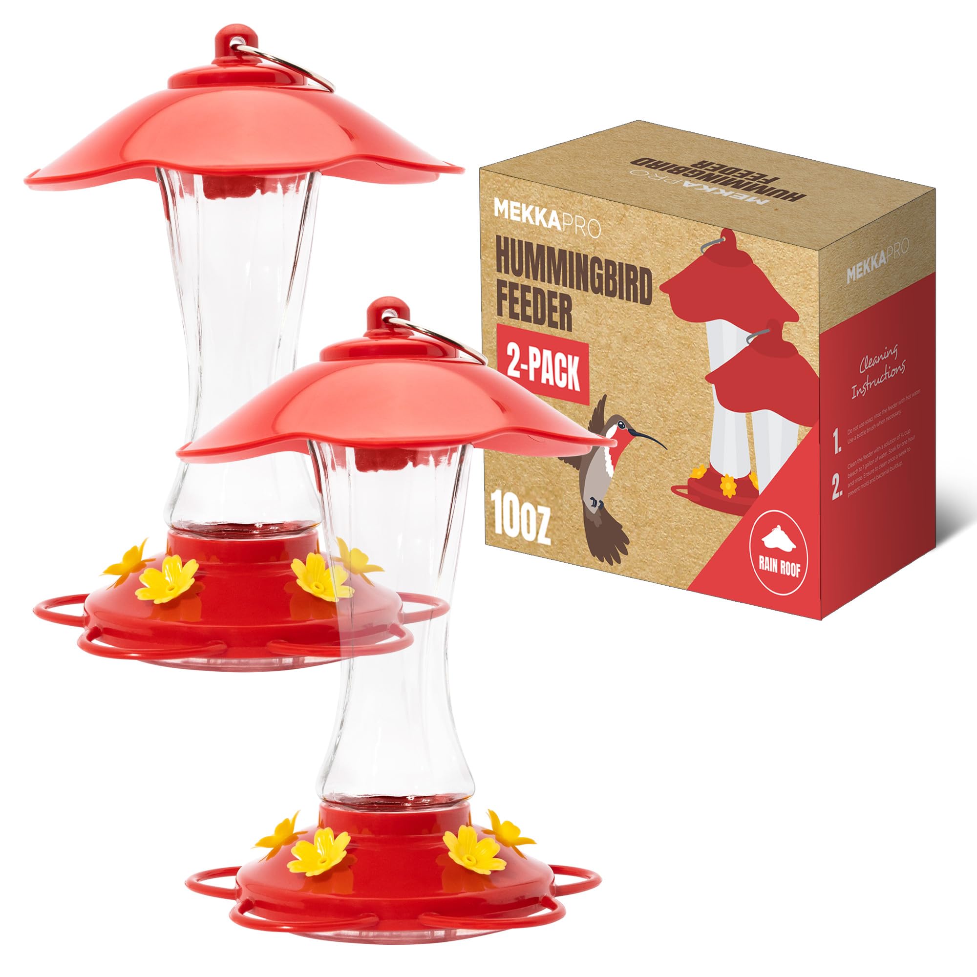 MEKKAPRO Hummingbird Feeders for Outdoors Glass - Red Hummingbird Feeders for Outdoors, Metal Ring, Bee-Proof Design, Easy Assembly, Red Hummingbird Feeder 10 oz (2-Pack)