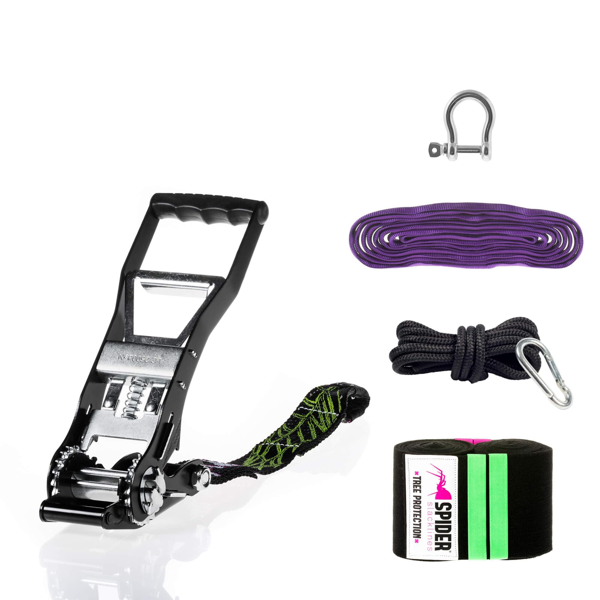 SPIDER SLACKLINE TAS03 - Hummer Kit – Slackline Tension Set with Large Lever Ratchet, 40 cm Webbing, 3 m Sling, 12 mm Shackle, 2 XL Tree Protectors & Backup Kit – For Trickline