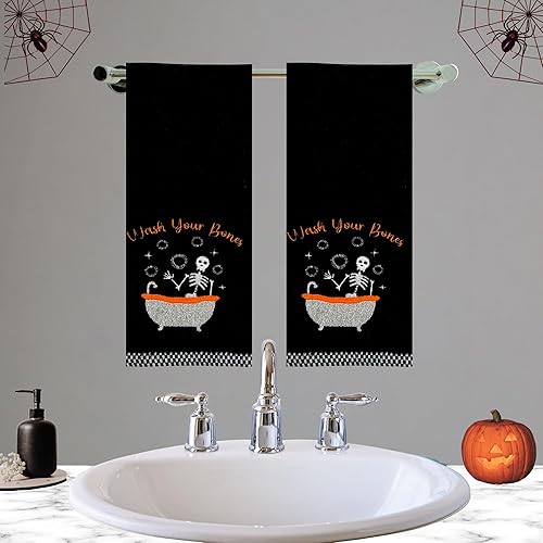 Miniatura 8 de Juego de 2 toallas de baño de mano de Halloween, diseño de esqueleto bordado de algodón negro "Dry Your Hands" - 16 x 25 pulgadas, decoración