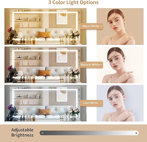 Miniatura 5 de VOWNER Tocador con espejo iluminado, escritorio de maquillaje con parte superior de vidrio de 47 pulgadas con 9 cajones y toma de corriente, 3 modos
