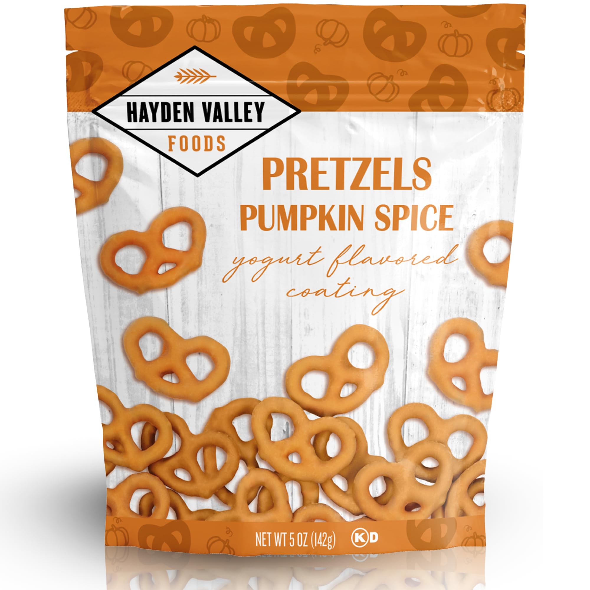 Hayden Valley Foods Pumpkin Spice Yogurt Covered Pretzels | 5 oz Resealable Bag | Gourmet Flavored Orange Pretzels